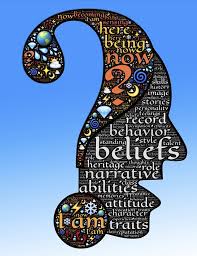 A collection of words inside a gigantic question mark with a face's profile next to it. Some words include, "beliefs," "behavior," "being," and "I am."