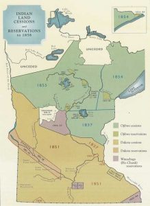 Map of Indian Land Cessions and Reservations to 1858, featuring Ojibwe, Dakota, and Winnebago cessions and reservations