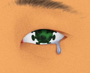 a zoomed in image of an Asian American person's eye with a green SARS-CoV-2 taking place of the pupil. A tear is falling out of the eye.