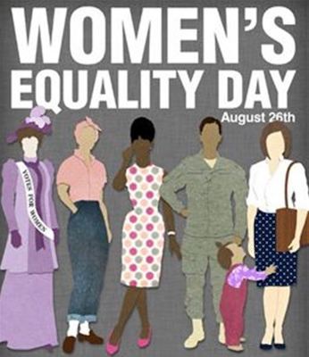 "Women's Equality Day: August 26" written in white text above images of five adult women of different races, including a suffragist, a veteran, and a working mother with a child grabbing her leg.
