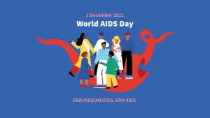 "World AIDS Day" written in white text against a blue background. Below are images of people dancing and talking to each other standing on a red curvy ribbon.