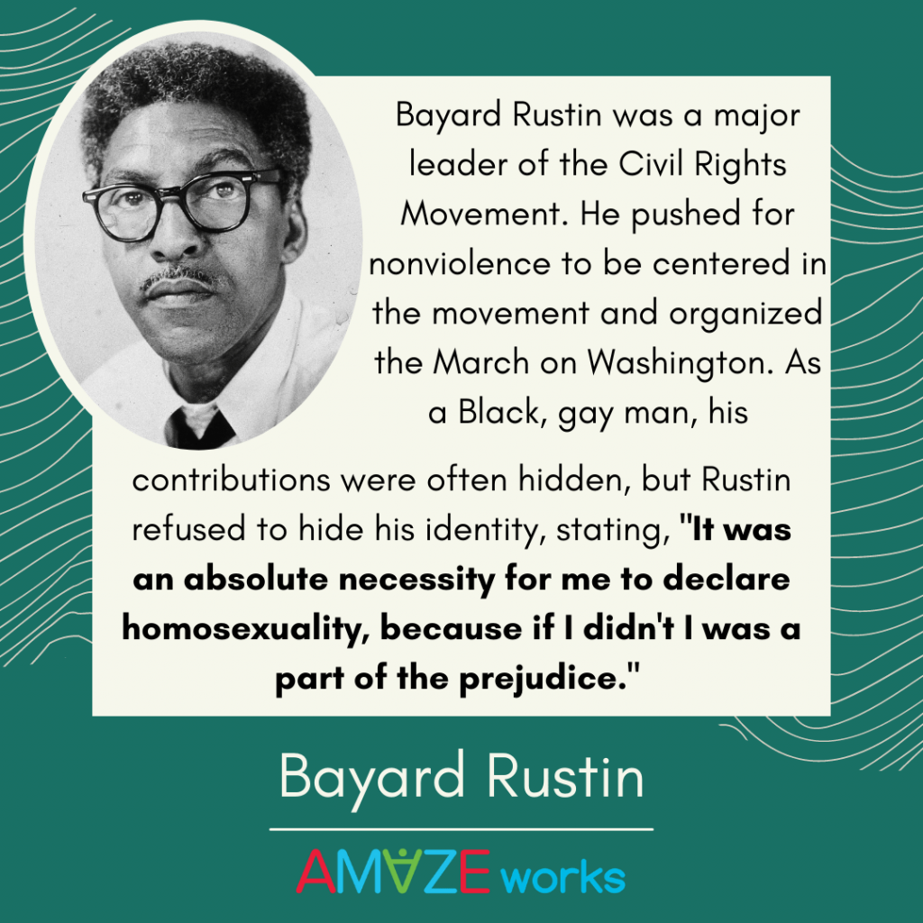 Black-and-white headshot of Bayard Rustin wearing glasses. Text reads, "Bayard Rustin was a major leader of the Civil Rights Movement. He pushed for nonviolence to be centered in the movement and organized the March on Washington As a Black, gay man, his contributions were often hidden, but Rustin refused to hide his identity, stating 'It was an absolute necessity for me to declare homosexuality because if I didn't, I was part of the prejudice.'" Green background with tan curved lines.