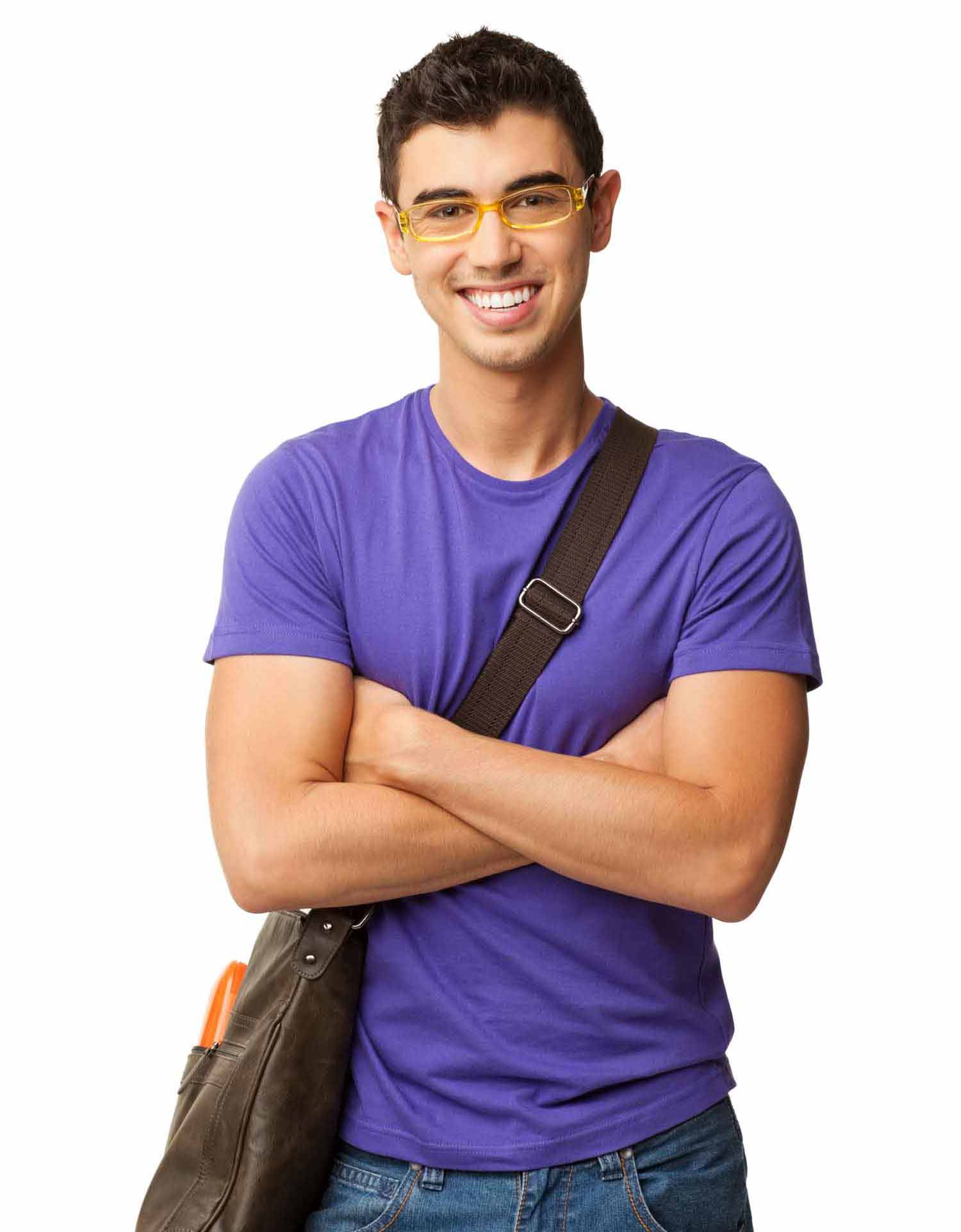 Smiling middle school aged student in a purple shirt with a brown messenger bag