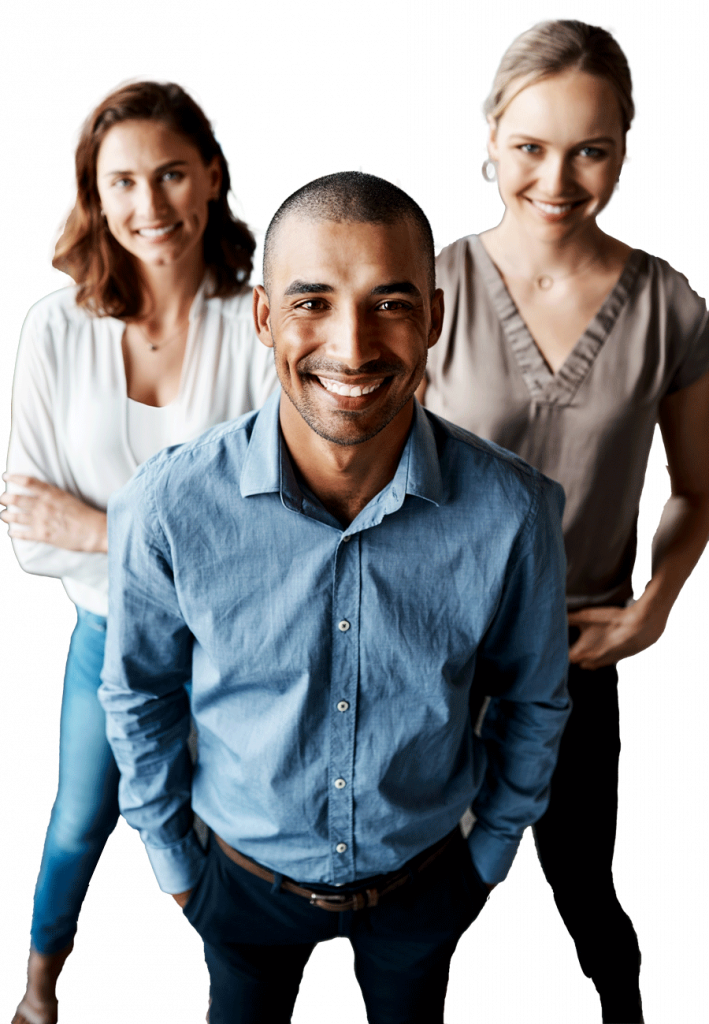 Three smiling coworkers posing for a photograph