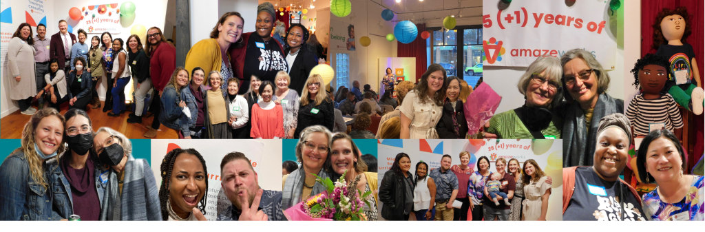 A collage of photos from our 25(+1) anniversary event, featuring photos of AmazeWorks staff, board, trailblazers, educators, and community members being together in community.