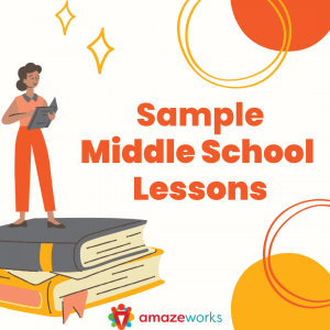 "Sample Middle School Lessons" written in orange text. Standing to the left is a teacher wearing an orange shirt and pants and holding a gray book. The teacher is standing on top of two giant books stacked on top of each other.