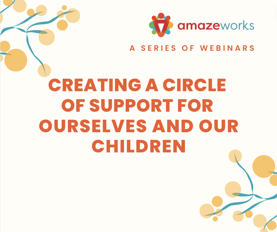 "Creating a Circle of Support for Ourselves and Our Children" written in orange text. Blue stems with yellow circular leaves are in the top left and bottom right corners.