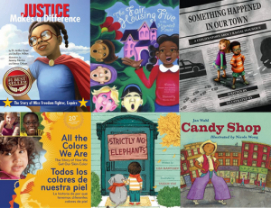 Six book covers for this AmazeWorks resource on Navigating Conversations with Children about Race and Racism: “All the Colors We Are,” written by Katie Kissinger with photography by Chris Bohnhoff; “Strictly No Elephants,” written by Lisa Mantchev and illustrated by Taeeun Yoo; “Candy Shop,” written by Jan Whole and illustrated by Nicole Wong; “Fair Housing Five,” written by the Greater New Orleans Fair Housing Action Center and illustrated by Sharika Mahdi; “Something Happened in Our Town,” written by Marianne Clean, Marietta Collins, and Ann Hazard and illustrated by Jennifer Zivoin; “Justice Makes a Difference: The Story of Miss Freedom Fighter, Esquire,” written by Dr. Artika Tyner and Jacklyn Milton and illustrated by Jeremy Norton and Janos Urban