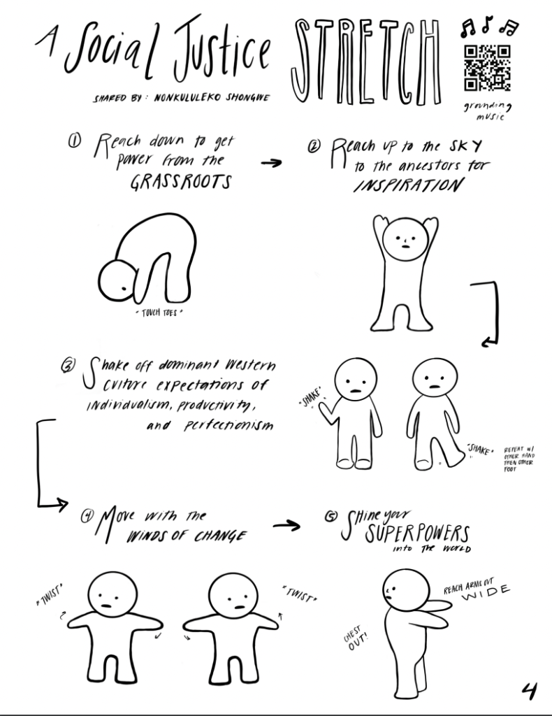 Drawings of a person completing the five steps of the social justice stretch 