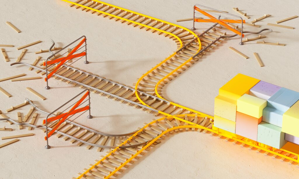 A stack of colorful blocks on a railroad track, encountering a split in the track between three different options, some of which lead to a dead end