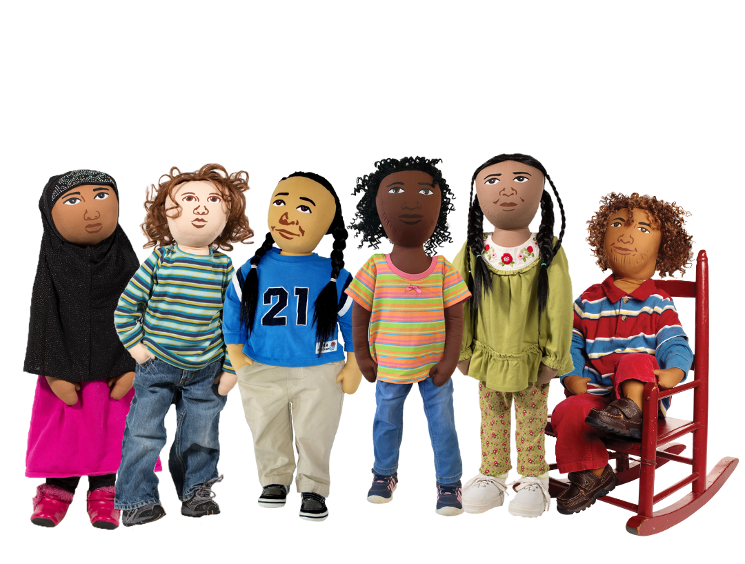 6 AmazeWorks Persona Dolls (life-sized dolls with different identities and lived experiences) standing in two rows
