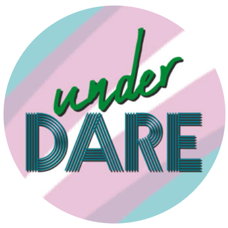 underDARE logo: a circle with trans flag colors - light blue, pink, and white - with green and black text.