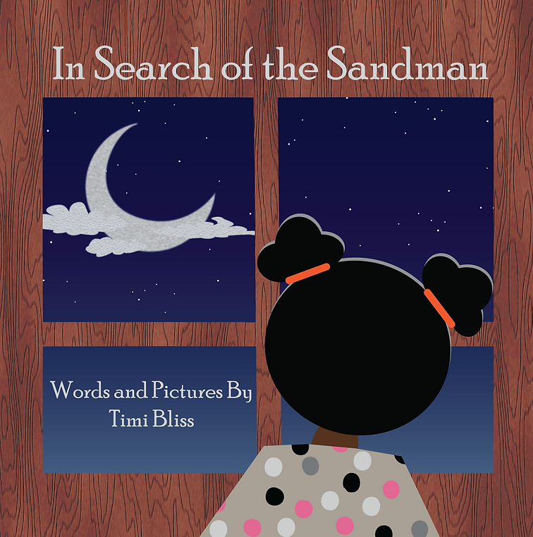 Book cover for In Search of the Sandman, picturing a young child with two buns atop her head facing a window to look at the night sky.