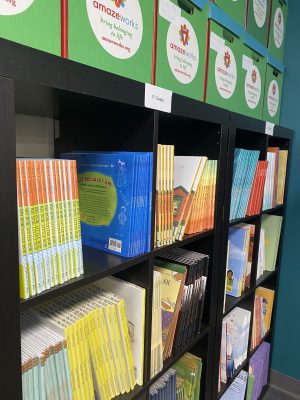 AmazeWorks bookshelf, featuring children's books of many colors