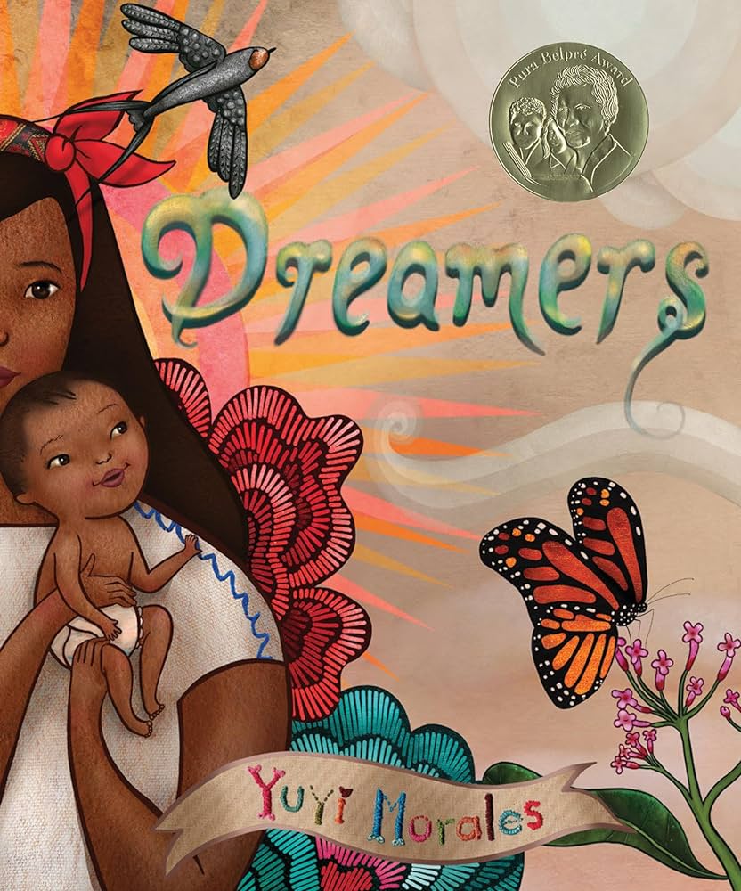 Dreamers ook cover, featuring a mom holding her infant child in her hands, with a background of flowers and butterflies. 