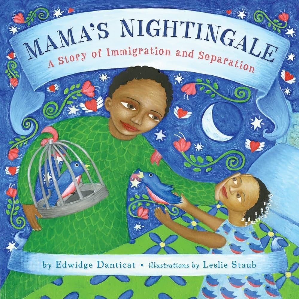 Book Cover for Mama's Nightingale, picturing a mother holding a nightingale in a cage, and her daughter reaching out to her from her bed.