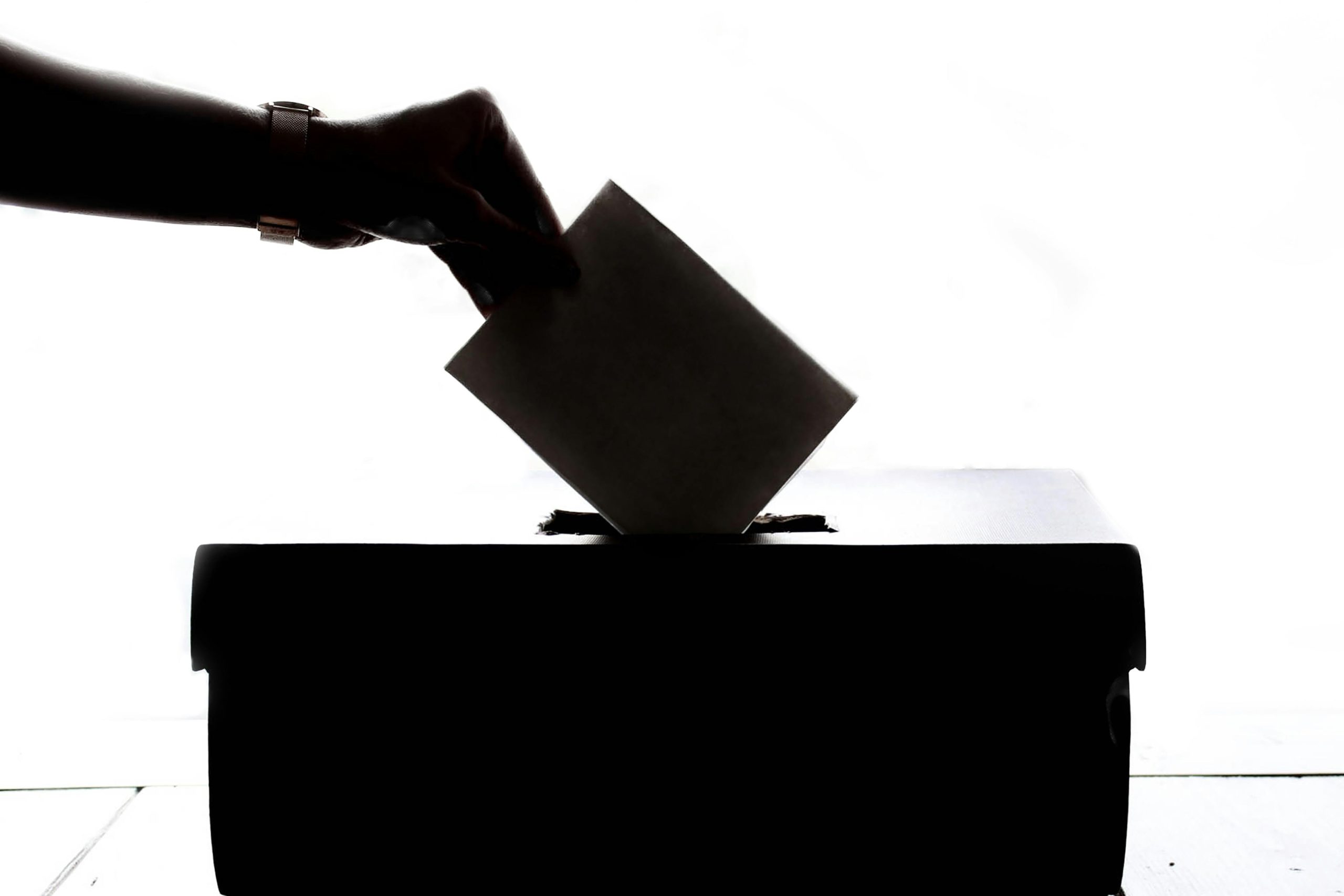 the silhouette of a hand placing their vote in a ballot box