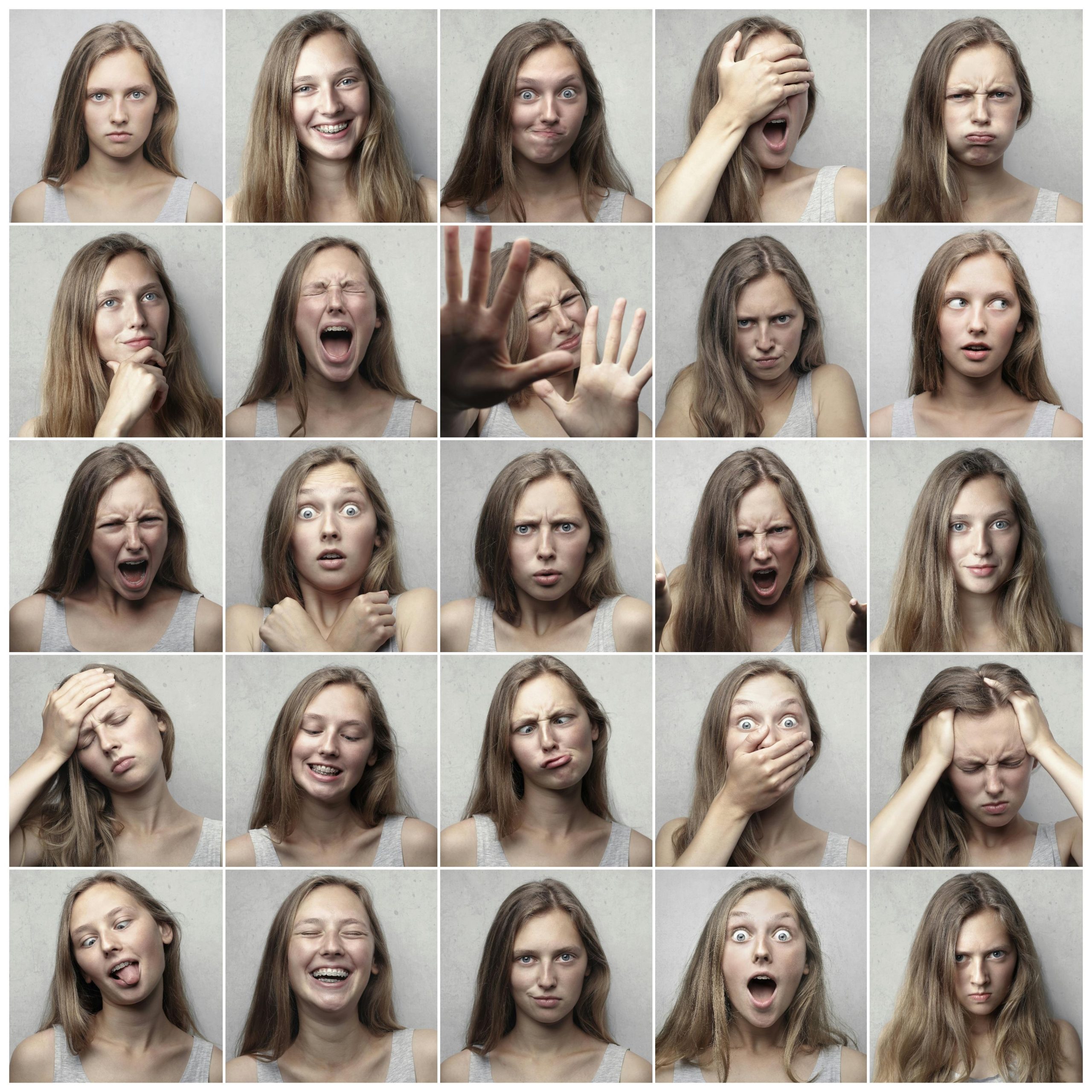 25 square images of the same girl (white, long straight dirty blonde hair) making faces representing contradicting feelings