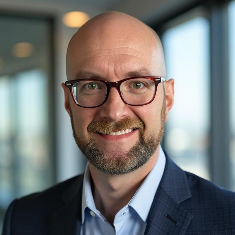 Headshot of Will Renk LaPlant, a White man with blue eyes and a brown mustache and beard. He is smiling and wearing a blue collared shirt and navy jacket.