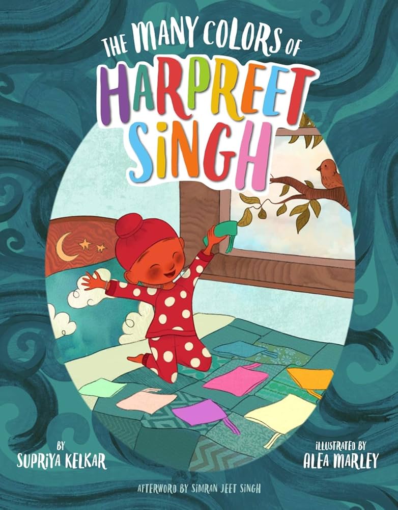 Book cover for The Many Colors of Harpreet Singh, picturing a young boy smiling and wearing red polka dotted pajamas and a red patka. He sits on his bed with different colored patkas laid out and holds a green one in the air.