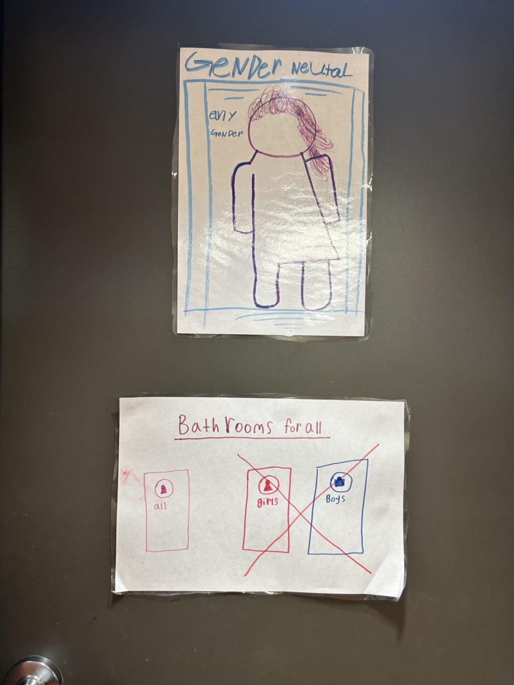 Two colored posters on a bathroom door. The first reads, "Gender Neutral: Any Gender" and pictures a human drawn with short hair and pants on their left side and long hair and a dress on their right. The second reads, "Bathrooms for all," picturing two doors labeled "girls" and "boys" that have been crossed out. A third one reads "all" and is not crossed out.