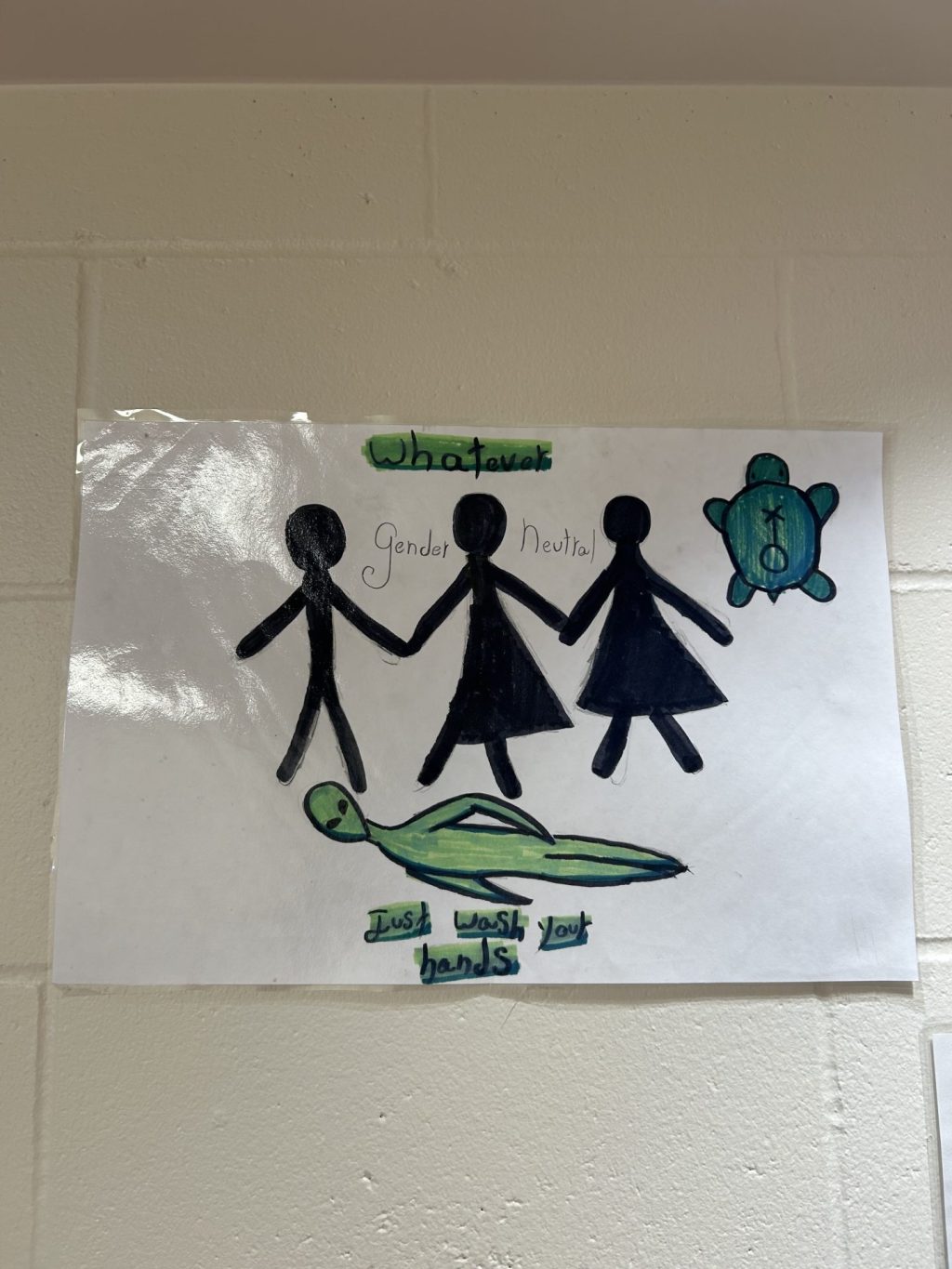 Three black and one green drawn figure hold hands. Text reads, "Whatever, just wash your hands. Gender neutral."