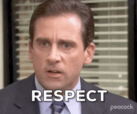 A GIF of Michael Scott, the main character from the sitcom "The Office," misspelling "Respect" aloud, sounding like "R-E-S-P-C-P-T"