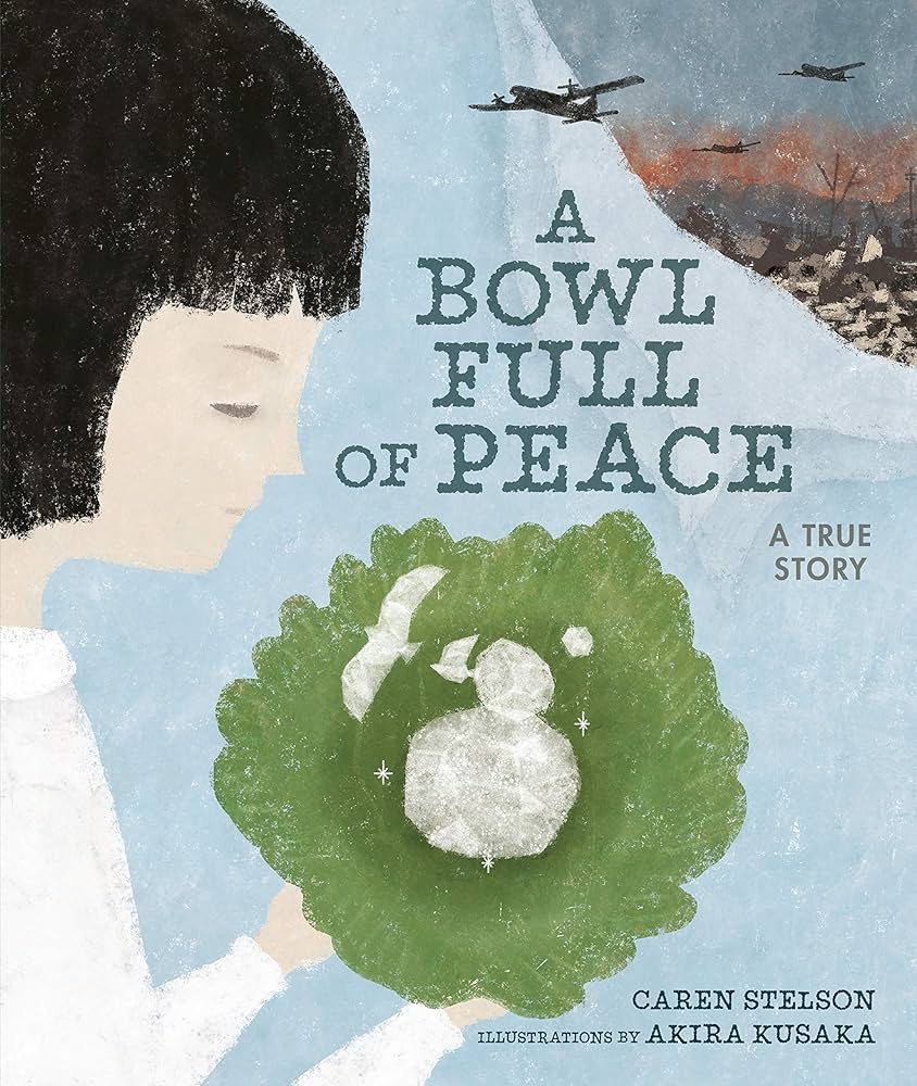 Book cover for A Bowl Full of Peace, picturing a Japanese child holding a green, leaf-shaped bowl filled with ice chips. 