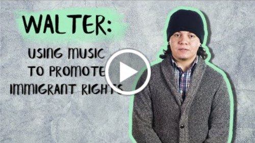 YouTube video screenshot: Reads, "Walker: Using music to promote immigrant rights." Pictures middle school boy wearing a beanie and cardigan.