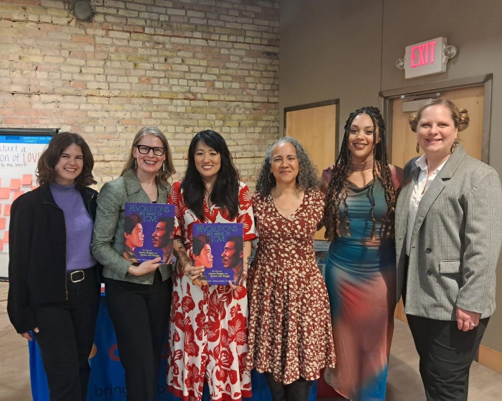 AmazeWorks staff, Lerner Publishing Group, Sun Yung Shin, Mélina Mangal, and Leslie Barlow smiling at the Revolutions Are Made of Love book launch