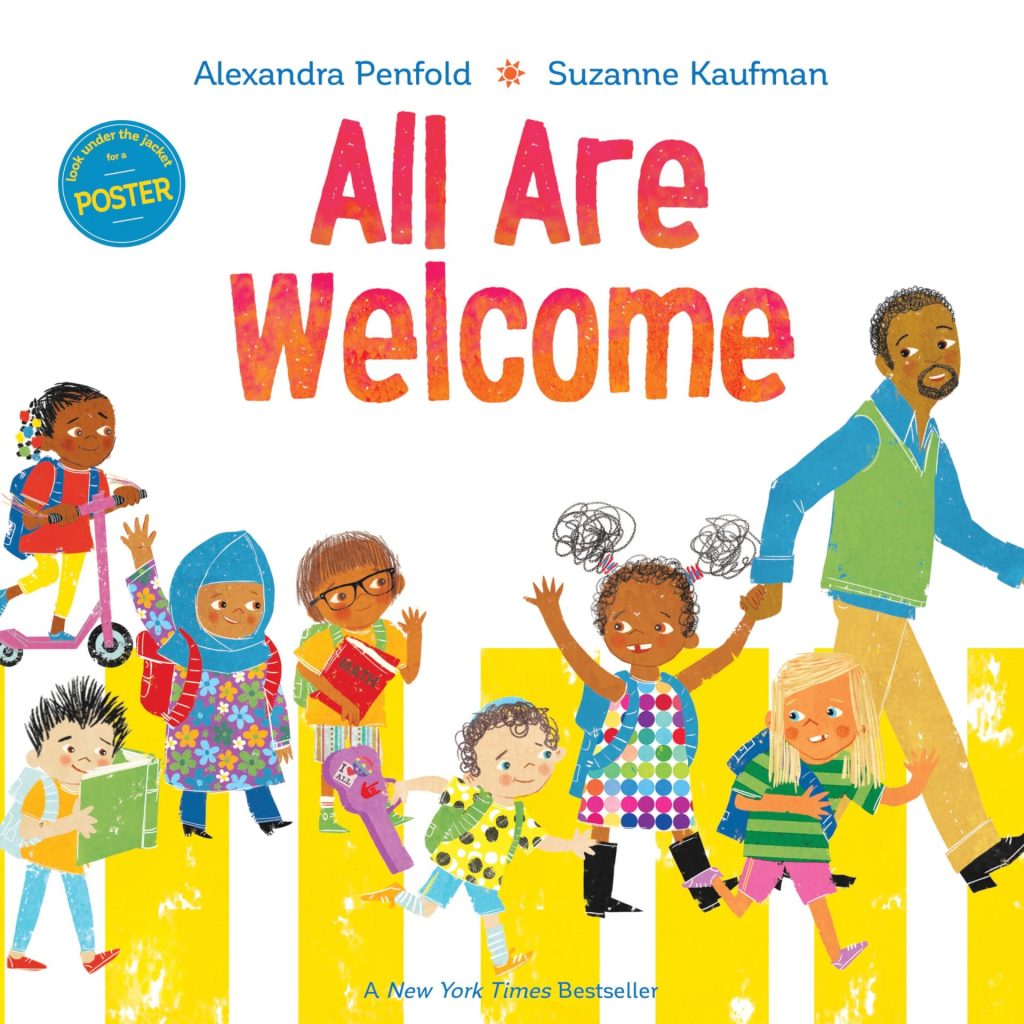 All Are Welcome by Alexandra Penfold and Suzanne Kaufman book cover, featuring a man of color guiding seven students at school