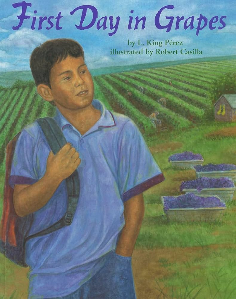 First Day in Grapes book cover, picturing a boy wearing a blue shirt and backpack