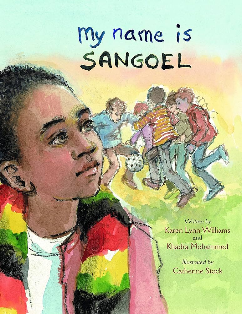 My Name is Sangoel book cover, picturing a Black child in the forefront with White children playing soccer in the background