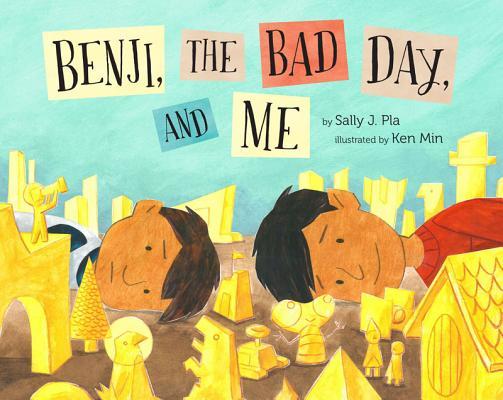 Book cover for Benji, the Bad Day, and Me by Sally J. Pla, picturing two boys laying their heads down and looking upset while surrounded by fun yellow objects