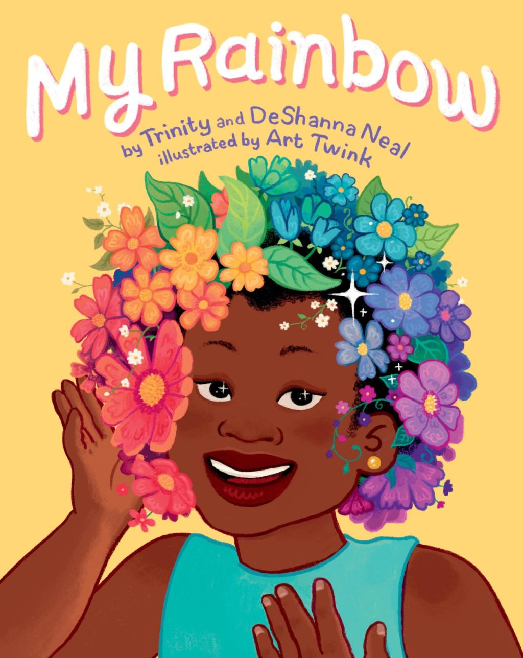 My Rainbow book cover, picturing a Black smiling transgender girl wearing a colorful flowery wig