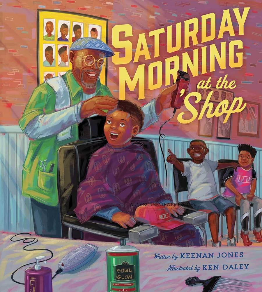 Book cover for Saturday Morning at the 'Shop, picturing a young Black boy sitting at the barber's chair