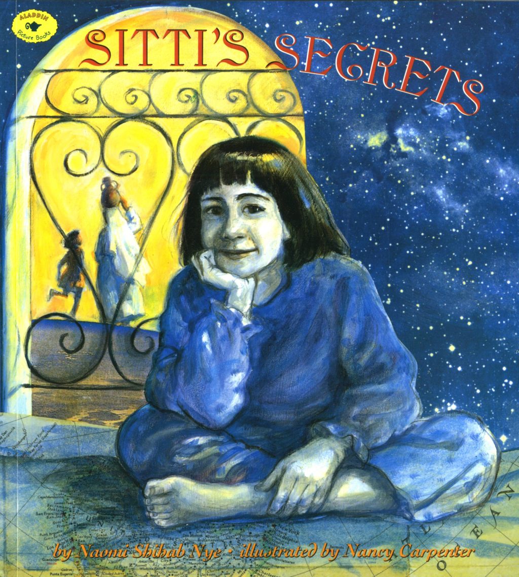 Sitti's Secrets by Naomi	Shihab Nye book cover, picturing a young girl sitting with her legs crossed