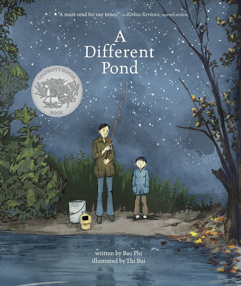 book cover for A Different Pond, picturing a father and son fishing together underneath the stars