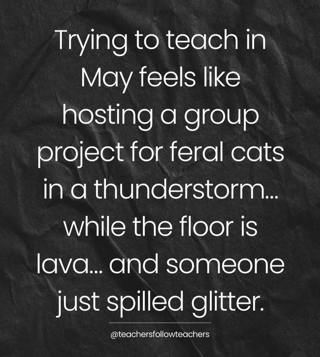 Trying to teach in May feels like hosting a group project for feral cats in a thunderstorm... while the floor is lava... and someone just spilled glitter. @teachersfollowteachers