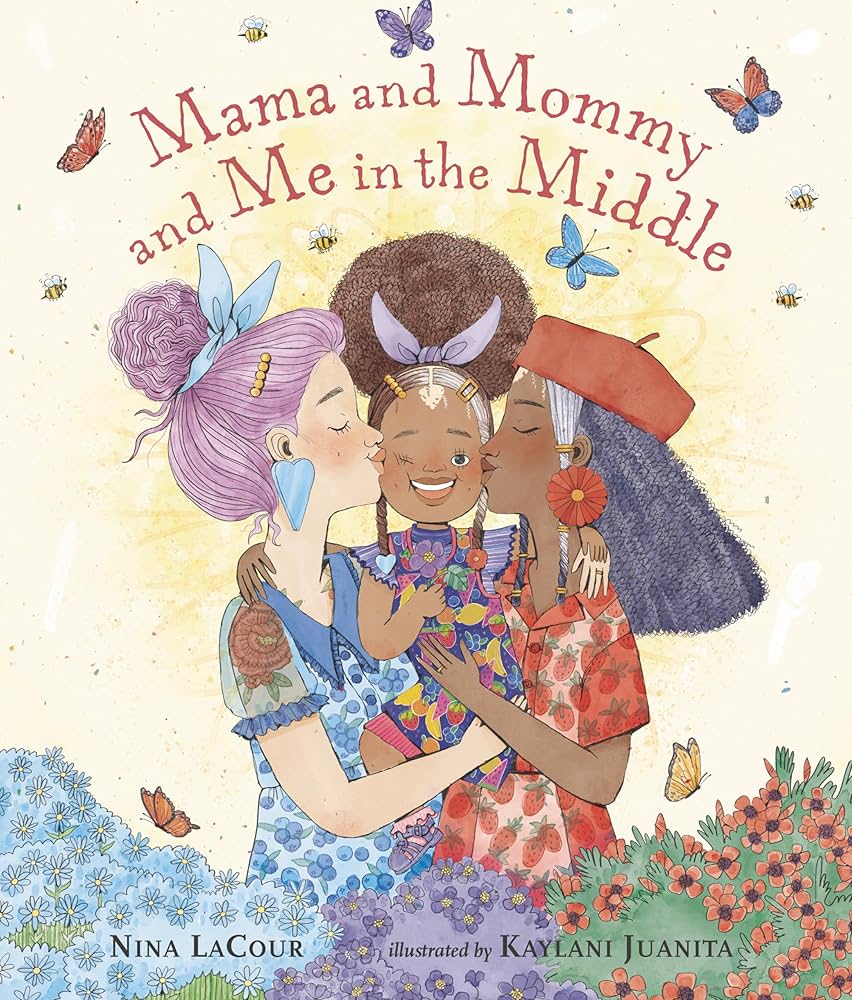 book cover for mama and mommy and me in the middle, picturing a young girl in the arms of her moms