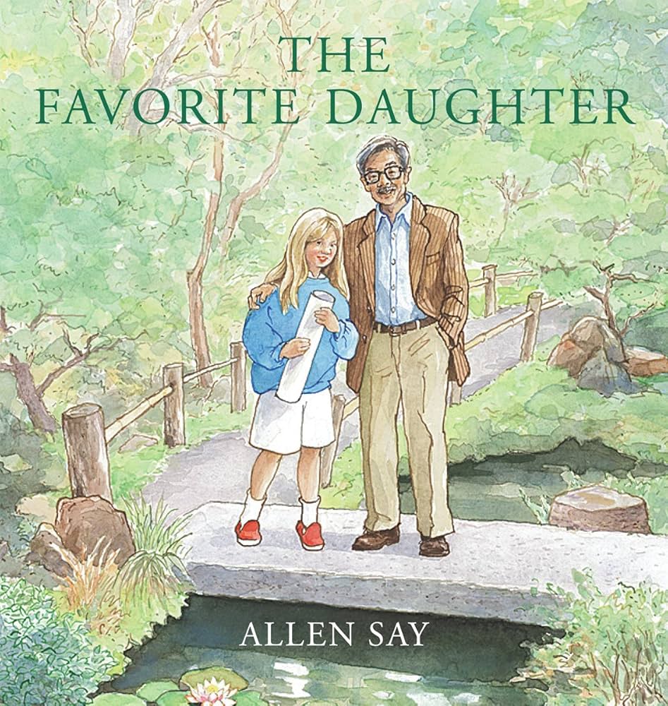 the favorite daughter book cover, picturing a father and daughter standing on a bridge