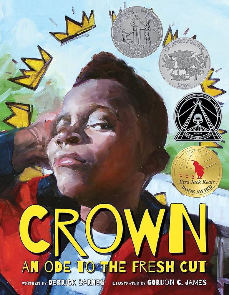 Book cover of Crown, picturing a Black boy looking confidently to frame, with doodled crowns above his head