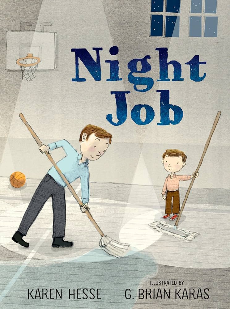 Night Job book cover, picturing a father and son mopping a gym floor