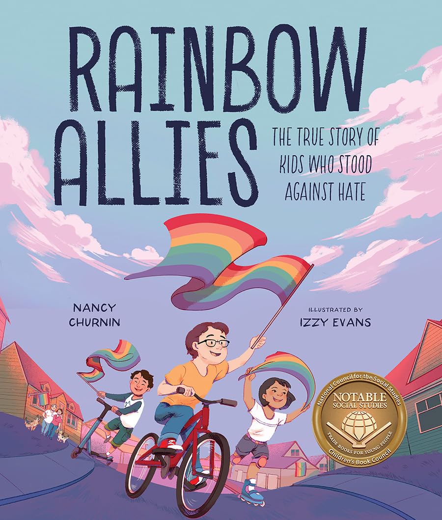 Rainbow Allies book cover, picturing children biking with Pride flags in their hands